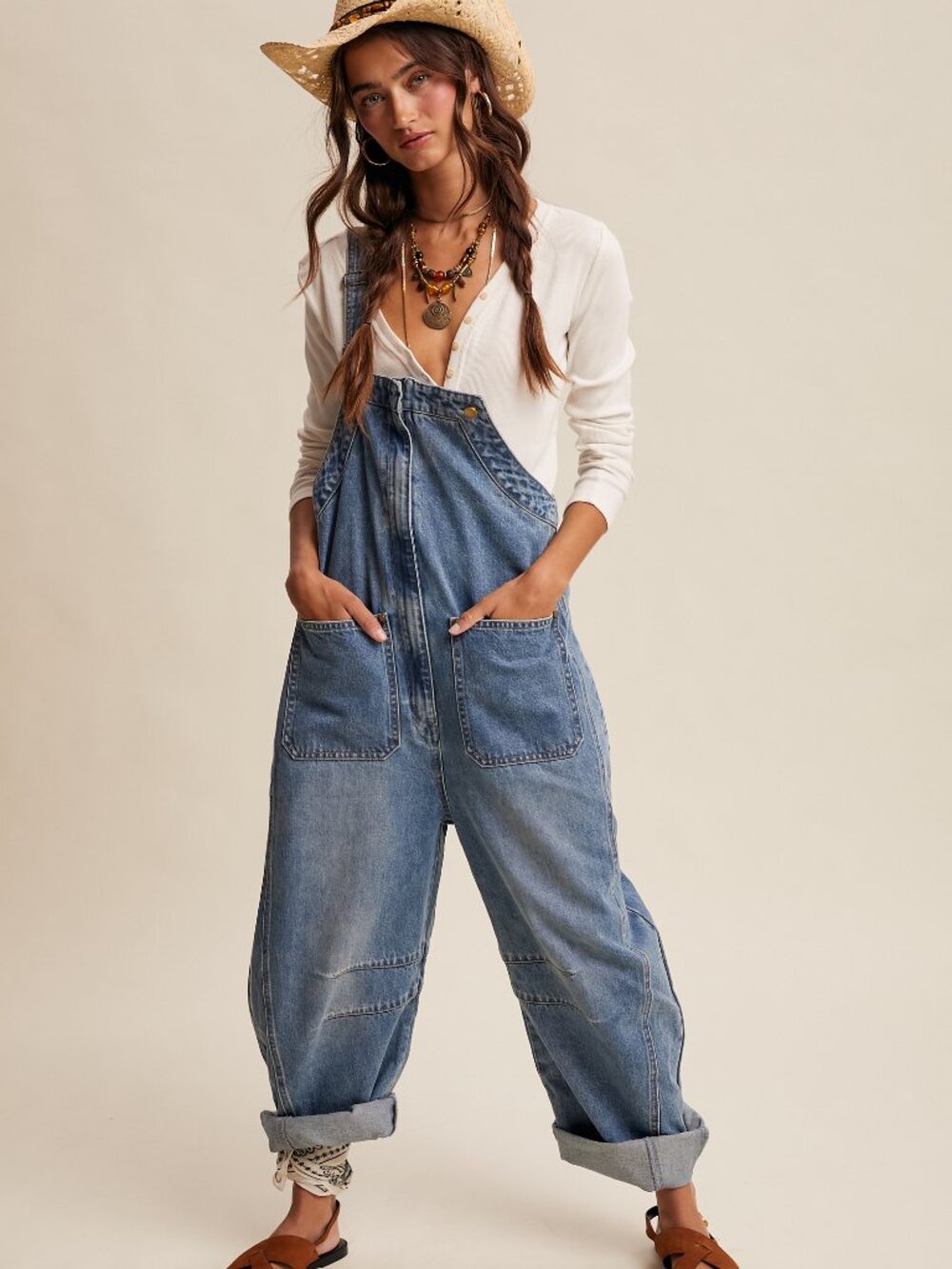 Western Wide-Leg Denim Overalls